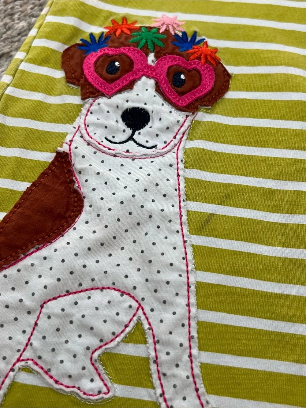 Kids Striped Lime Green & White Dress with Puppy Applique Size 7